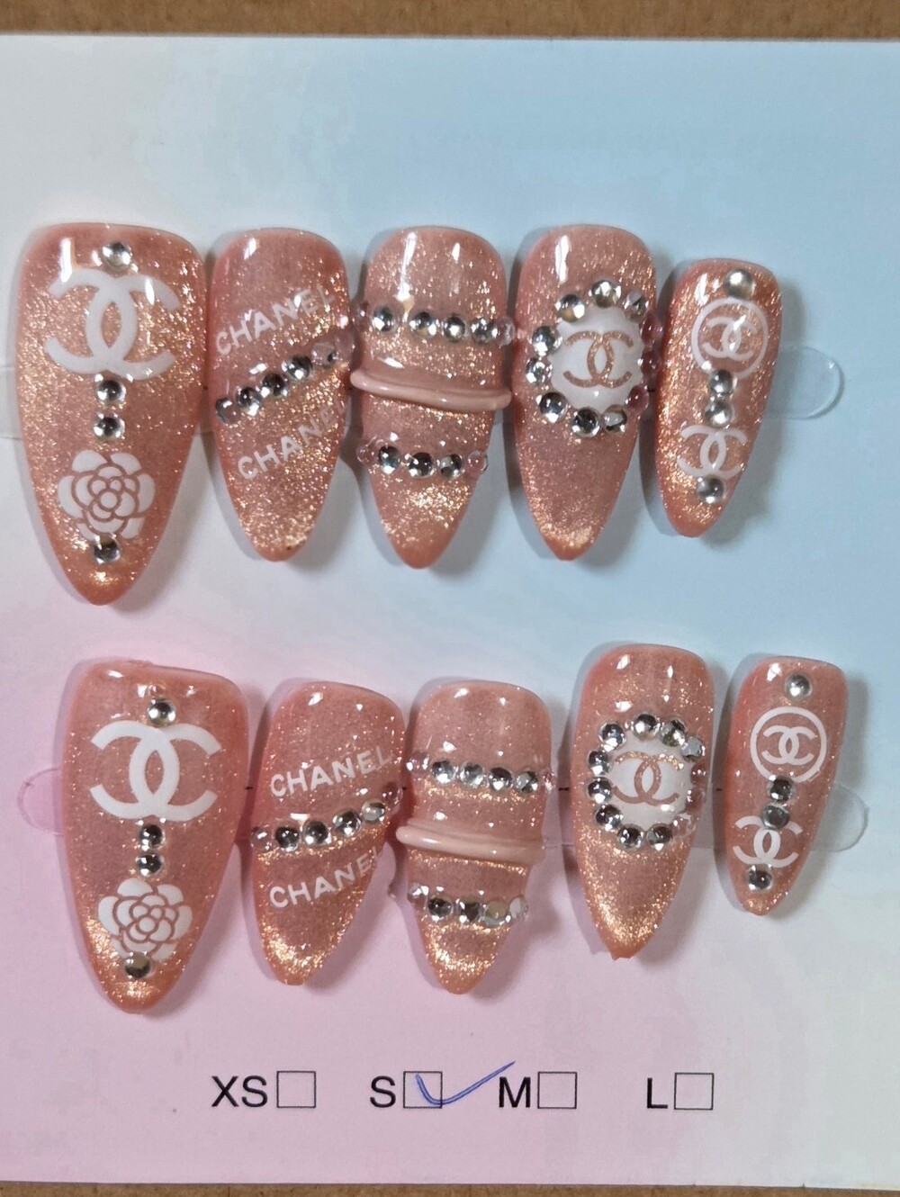 Luxury CC Shimmery Rhinestone Designer Handmade Press On 3D Almond Nails